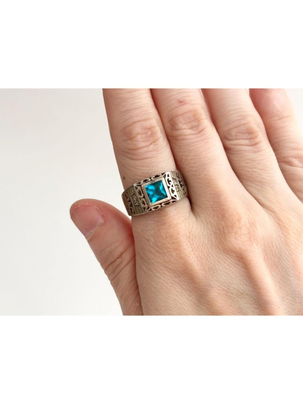 Blue Topaz Tapered Square Cut Cutout Sterling Silver 925 Vintage Ring - sz 9.5 - Picture 15 of 16
